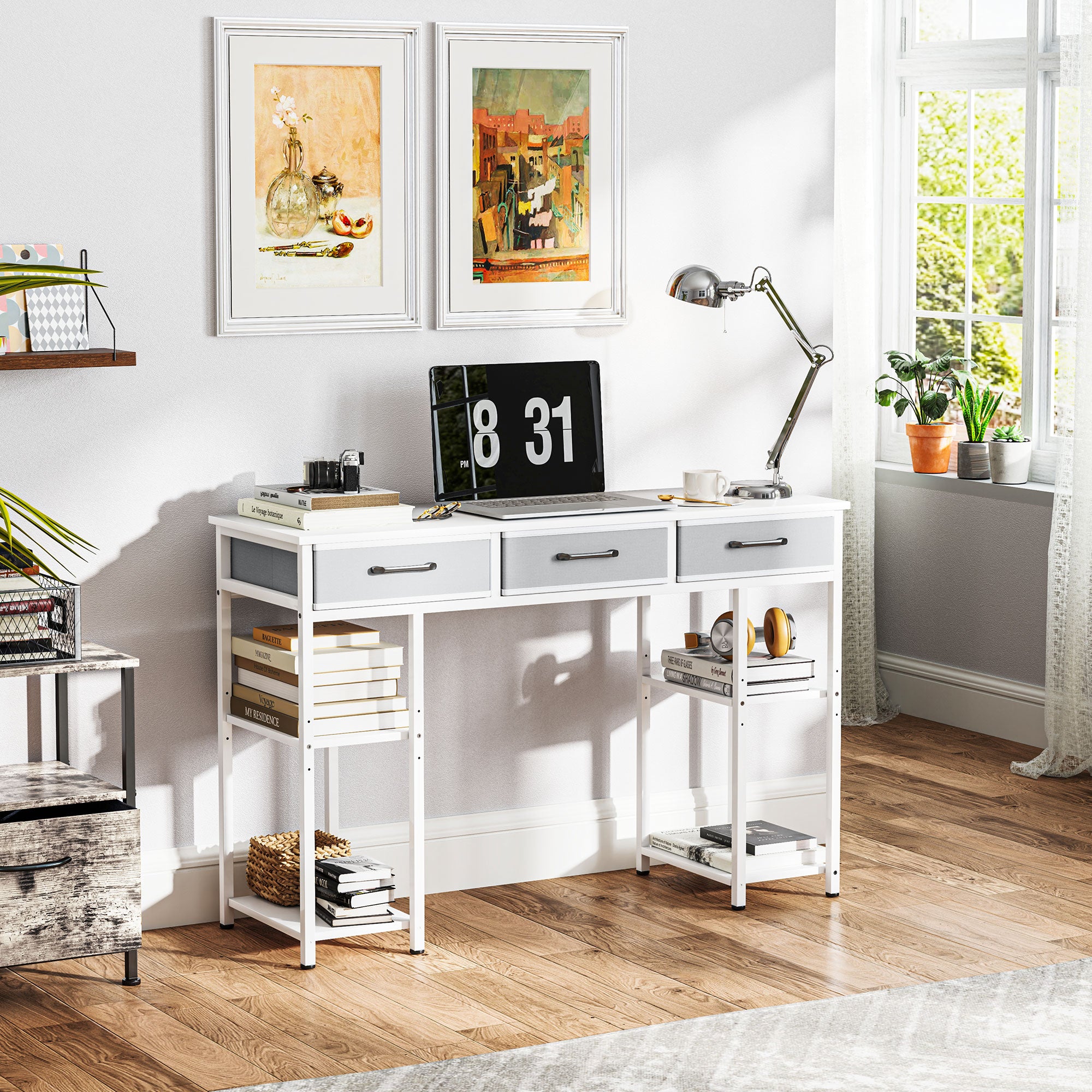 Bureau Compact Blanc 120 cm – Tiroirs Tissu & Étagères Réglables