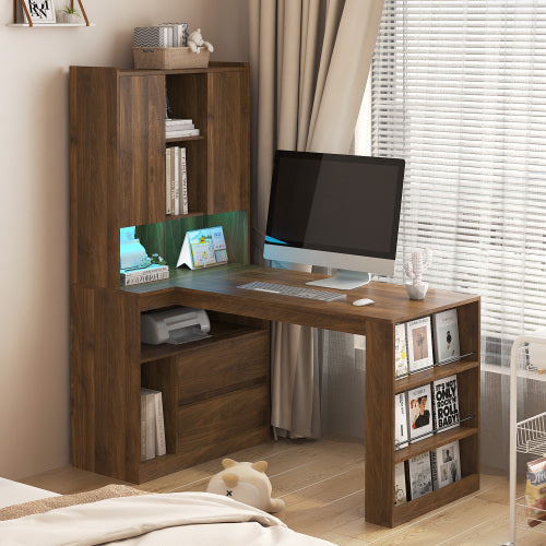 Bureau d’Angle en L avec Rangements, Bibliothèque et Éclairage LED – Bureau Moderne pour Télétravail