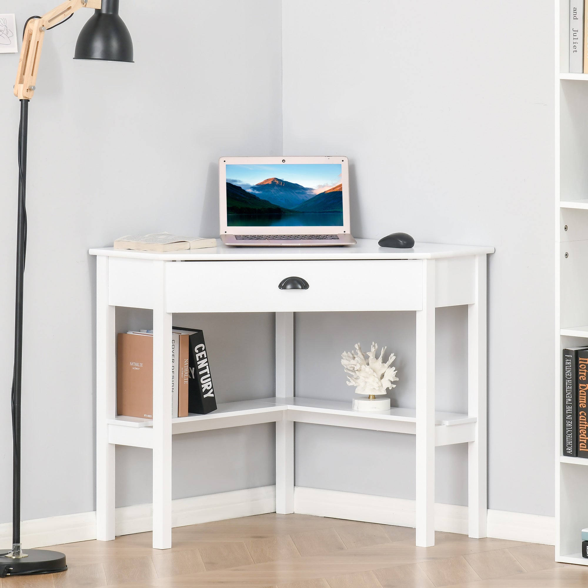Bureau d’Angle Compact avec Tiroir et Étagères – Design Blanc Élégant & Sécurité Anti-Basculement | DeskHarmony