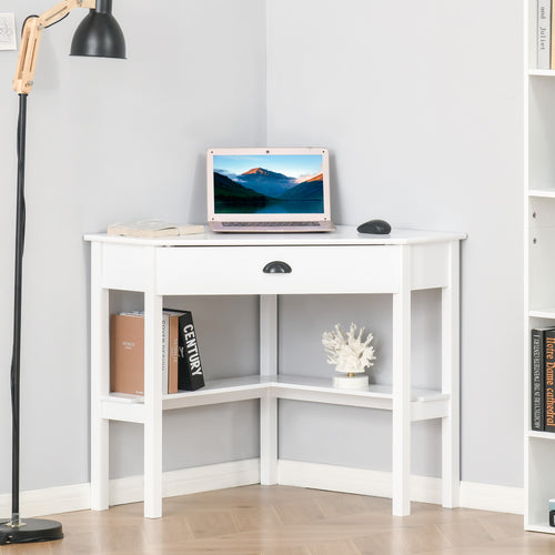 Bureau d’Angle Compact avec Tiroir et Étagères – Design Blanc Élégant & Sécurité Anti-Basculement | DeskHarmony