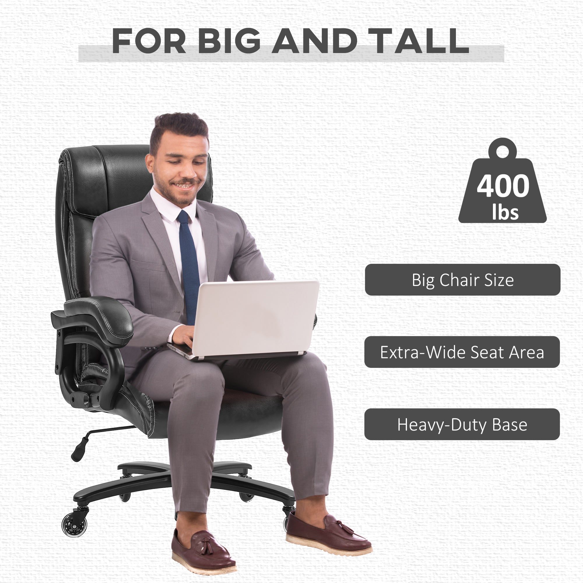 Chaise de Bureau Grande Taille Ergonomique en Similicuir Noir – Assise Large, Soutien Lombaire Renforcé, Jusqu’à 181 kg | DeskHarmony