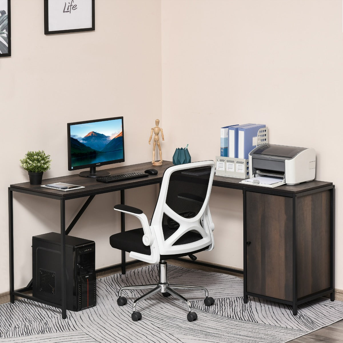 Bureau d’Angle avec Rangement – Design Industriel Noir & Bois Foncé
