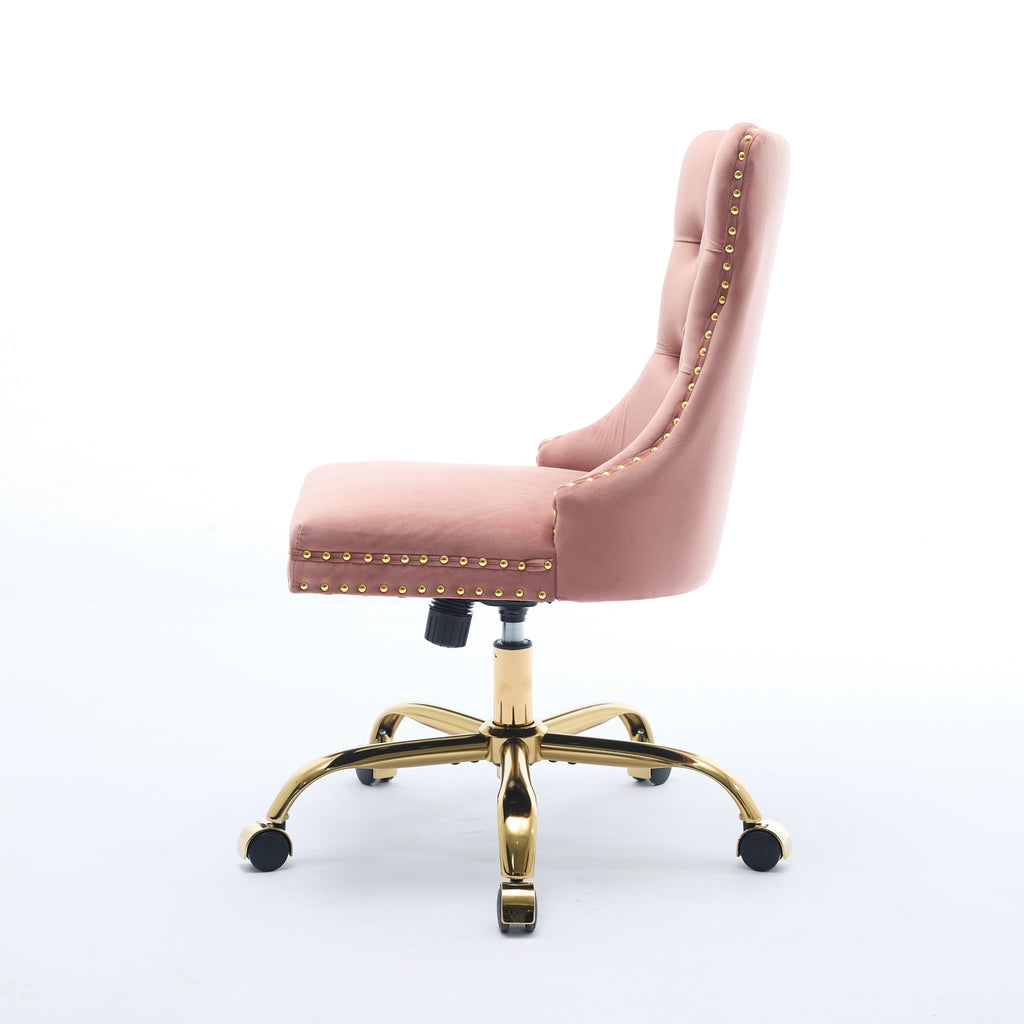 Fauteuil de Bureau en Velours Rose – Capitonné & Base Dorée Réglable