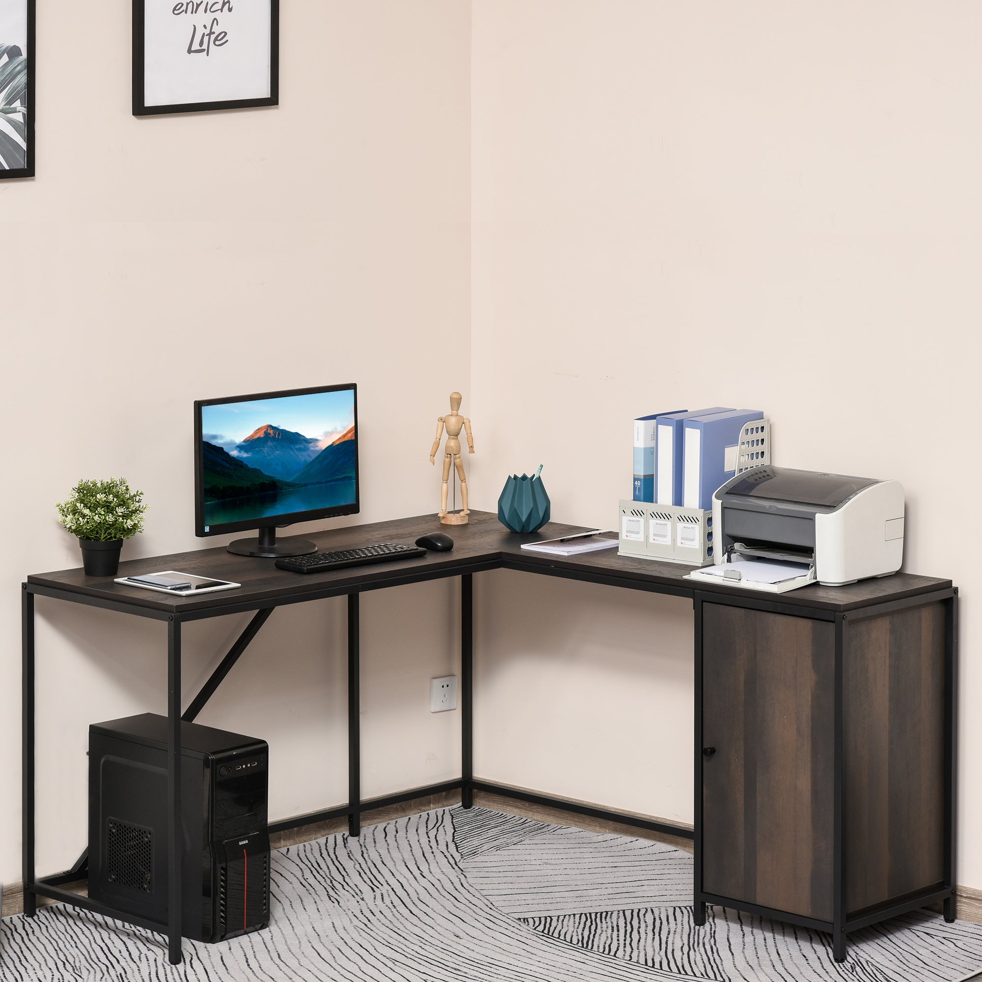 Bureau d’Angle avec Rangement – Design Industriel Noir & Bois Foncé