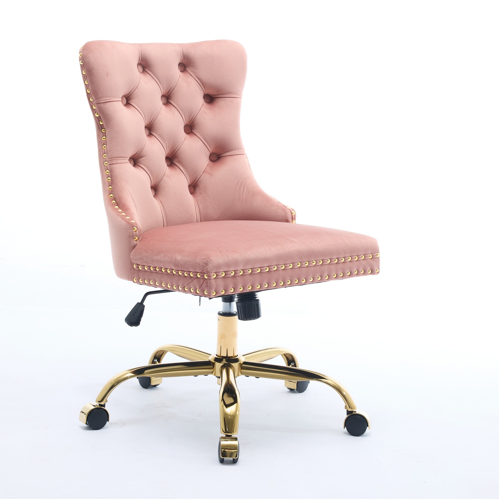 Fauteuil de Bureau en Velours Rose – Capitonné & Base Dorée Réglable