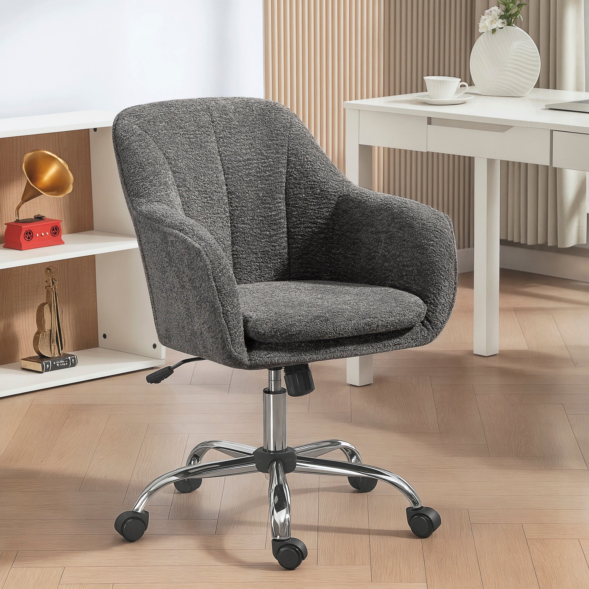 Fauteuil de Bureau en Velours Gris – Confort Enveloppant & Hauteur Réglable