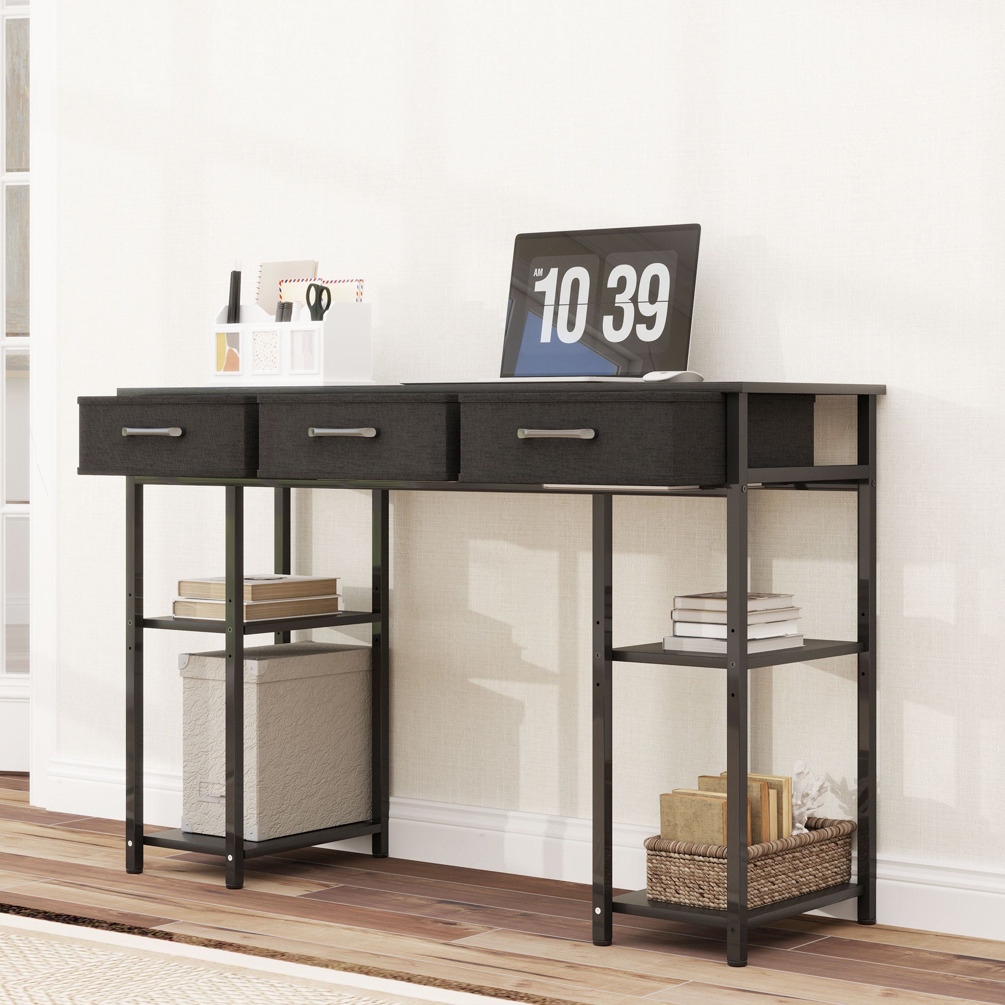 Bureau Compact avec Étagères et Tiroirs Tissu – 47", Noir