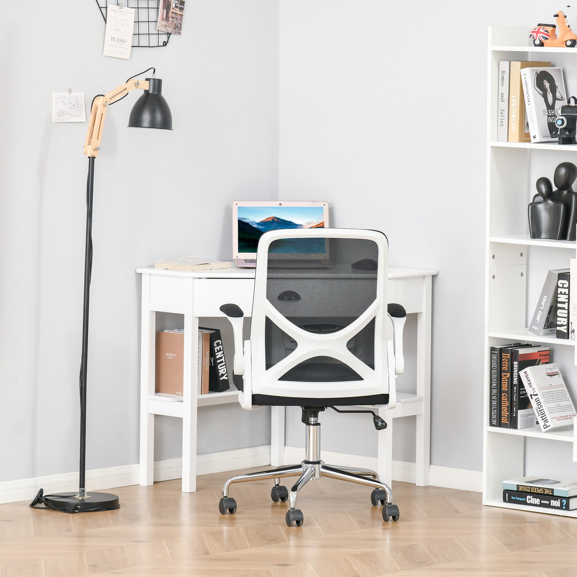 Bureau d’Angle Compact avec Tiroir et Étagères – Design Blanc Élégant & Sécurité Anti-Basculement | DeskHarmony