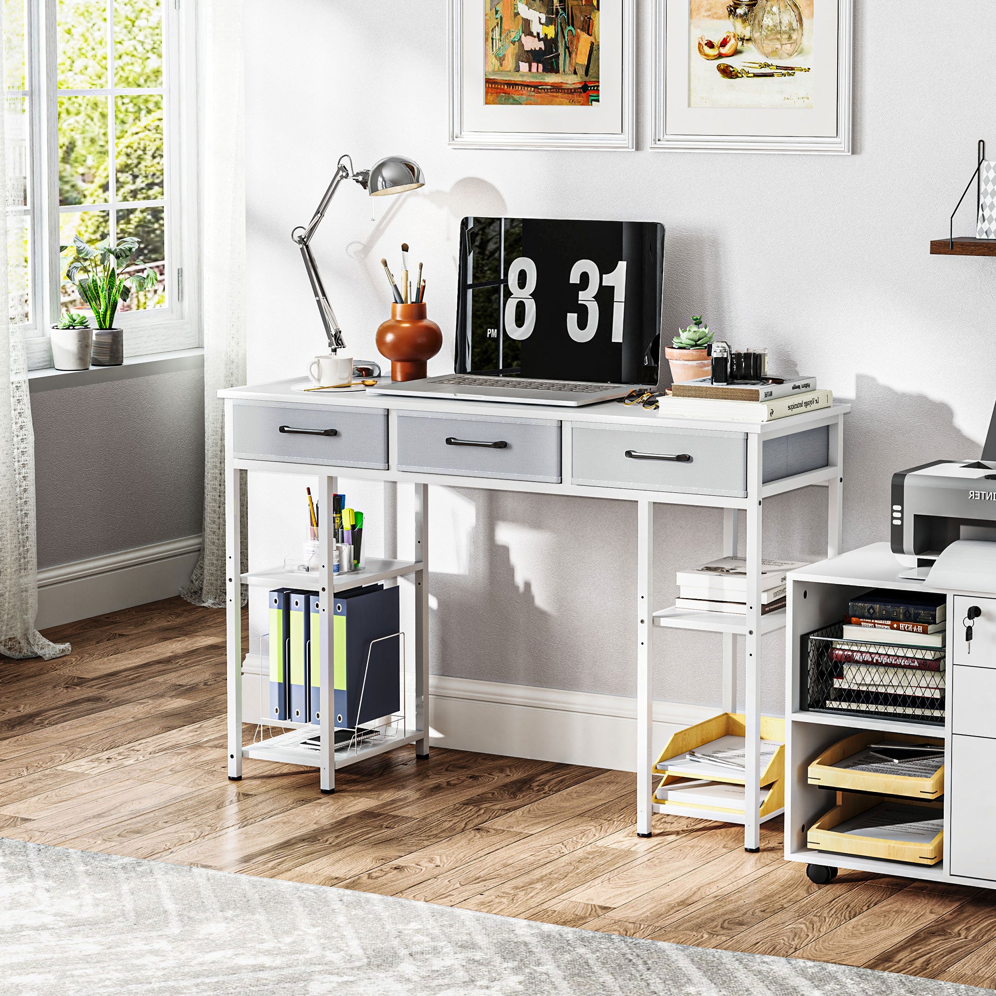 Bureau Compact Blanc 120 cm – Tiroirs Tissu & Étagères Réglables