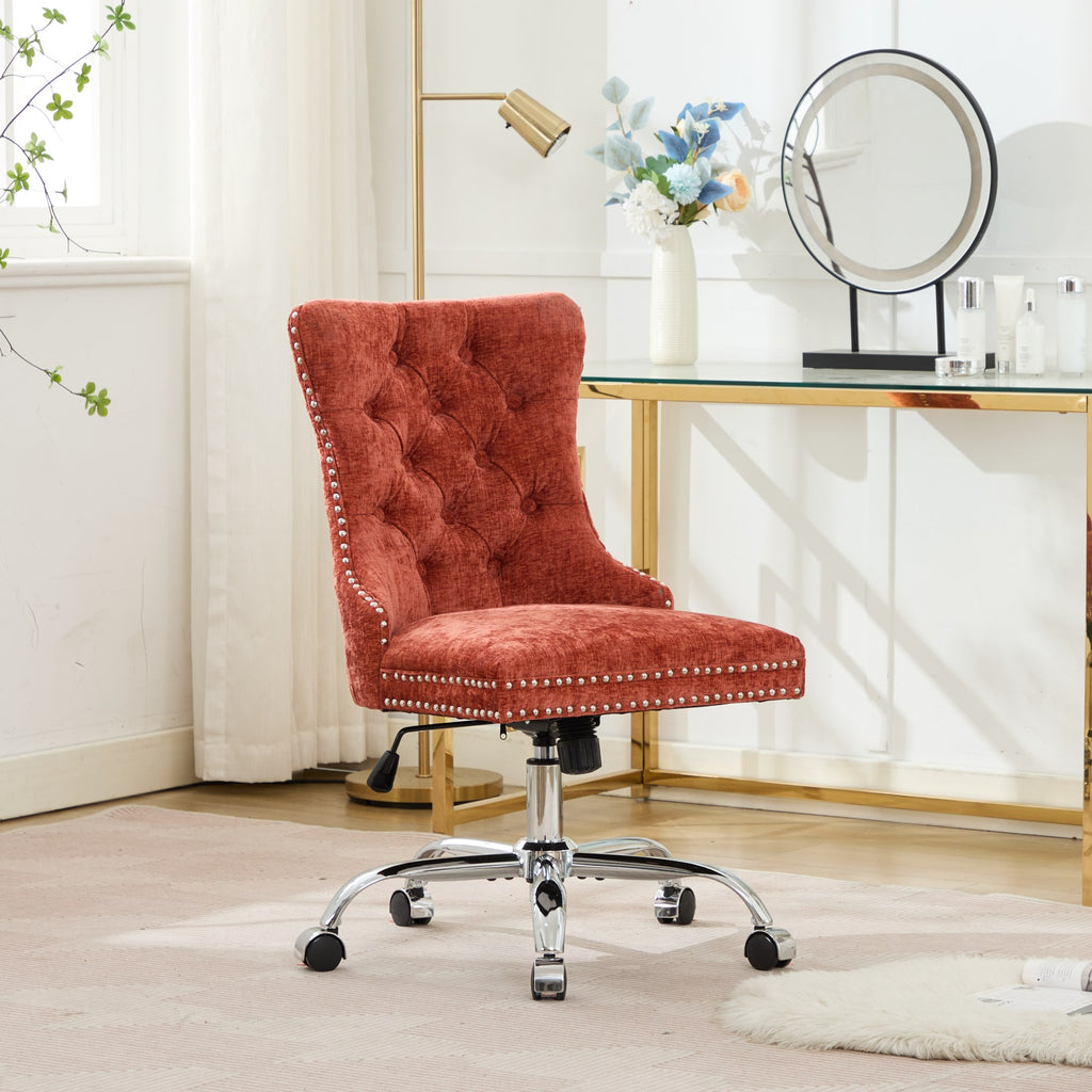 Fauteuil de Bureau en Chenille Orange – Capitonné & Base Chromée Réglable