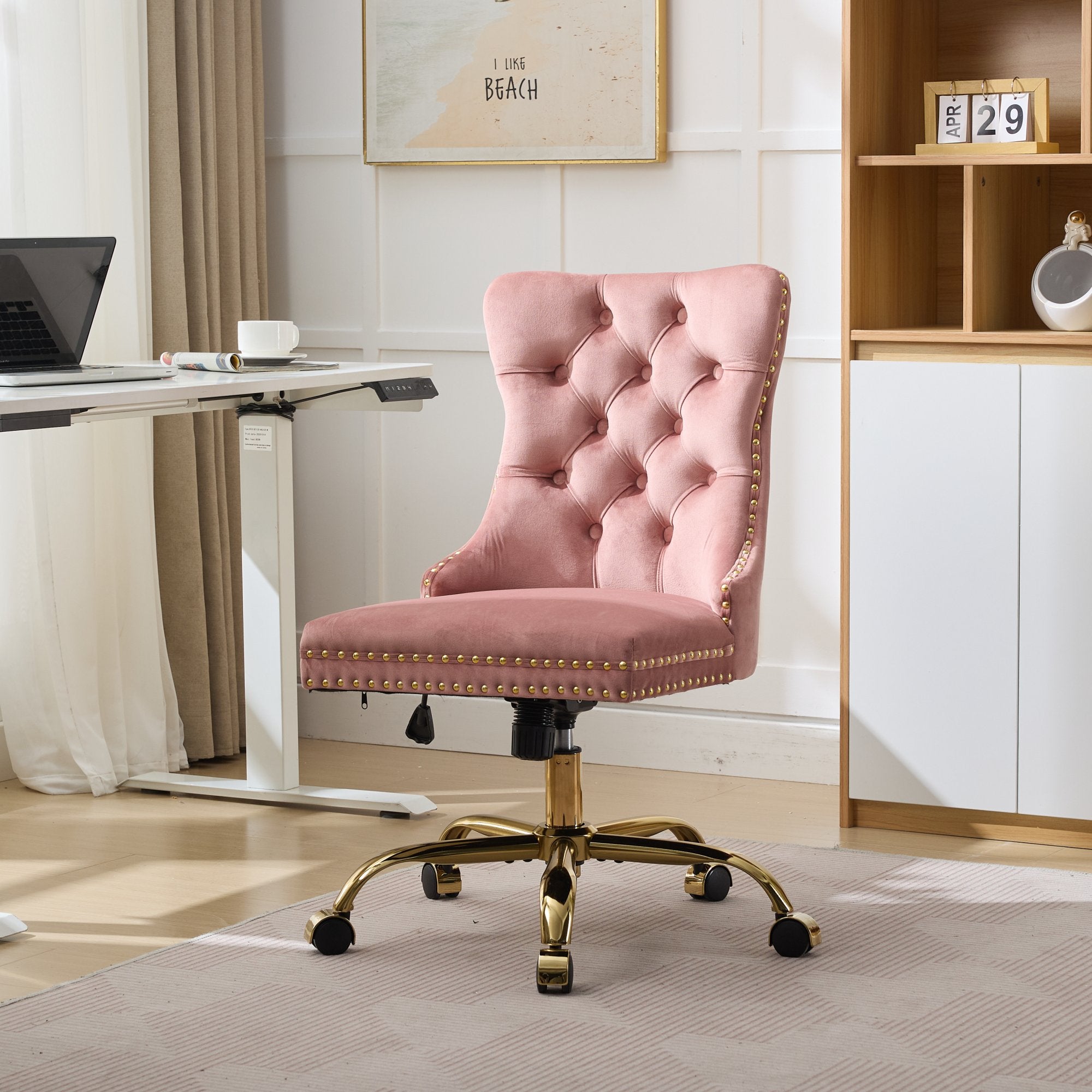 Fauteuil de Bureau en Velours Rose – Capitonné & Base Dorée Réglable