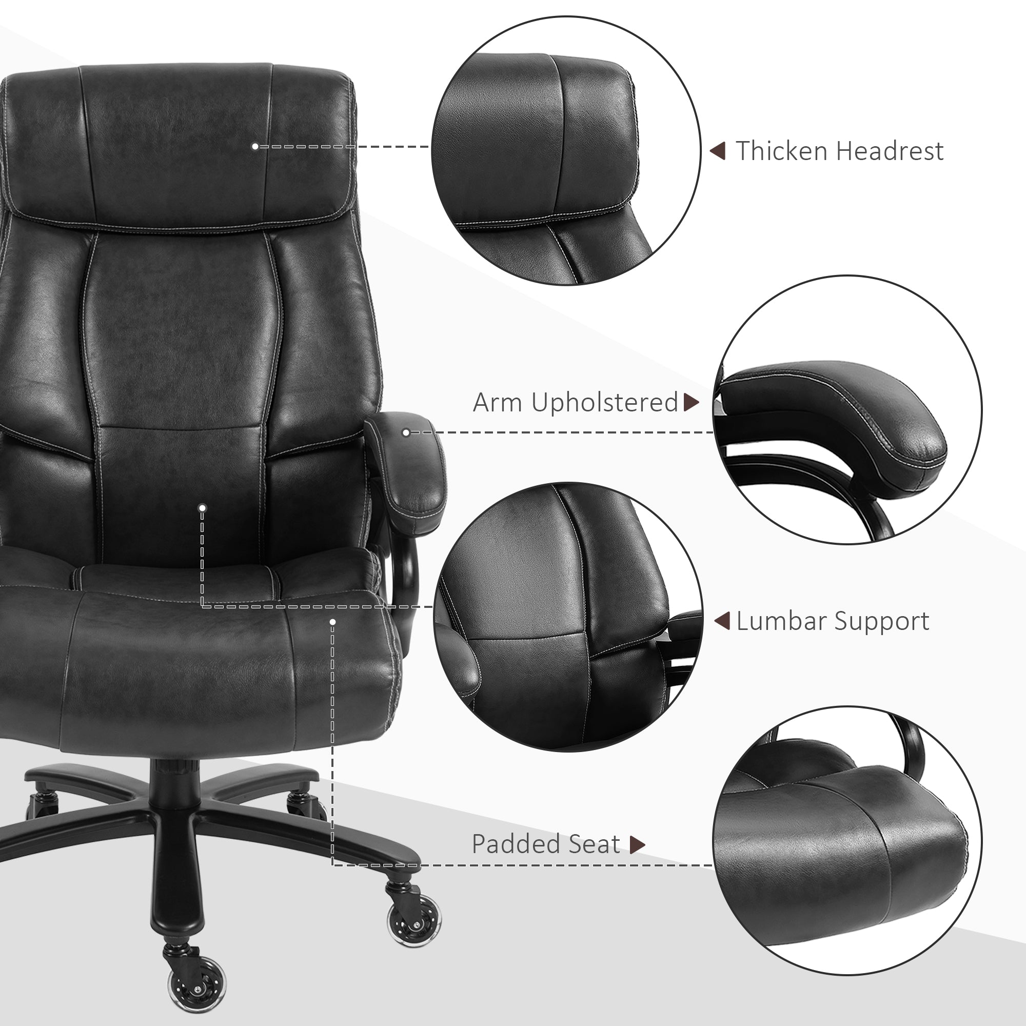 Chaise de Bureau Grande Taille Ergonomique en Similicuir Noir – Assise Large, Soutien Lombaire Renforcé, Jusqu’à 181 kg | DeskHarmony