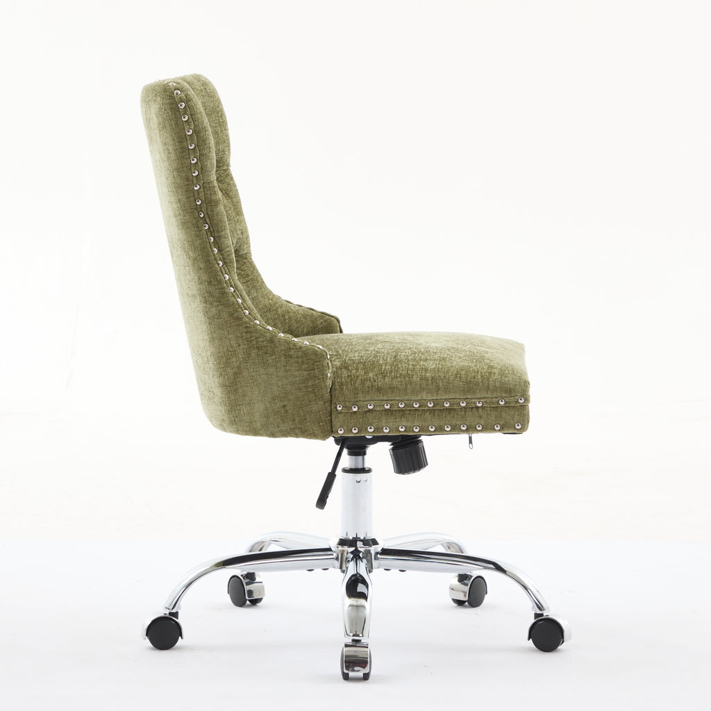 Fauteuil de Bureau en Chenille Vert – Capitonné & Base Chromée Réglable