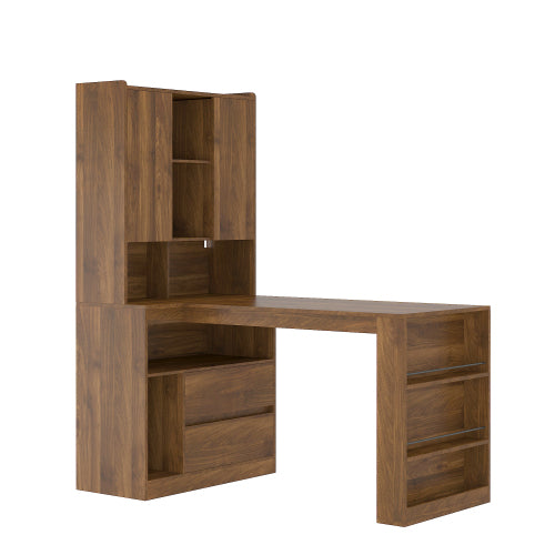 Bureau d’Angle en L avec Rangements, Bibliothèque et Éclairage LED – Bureau Moderne pour Télétravail