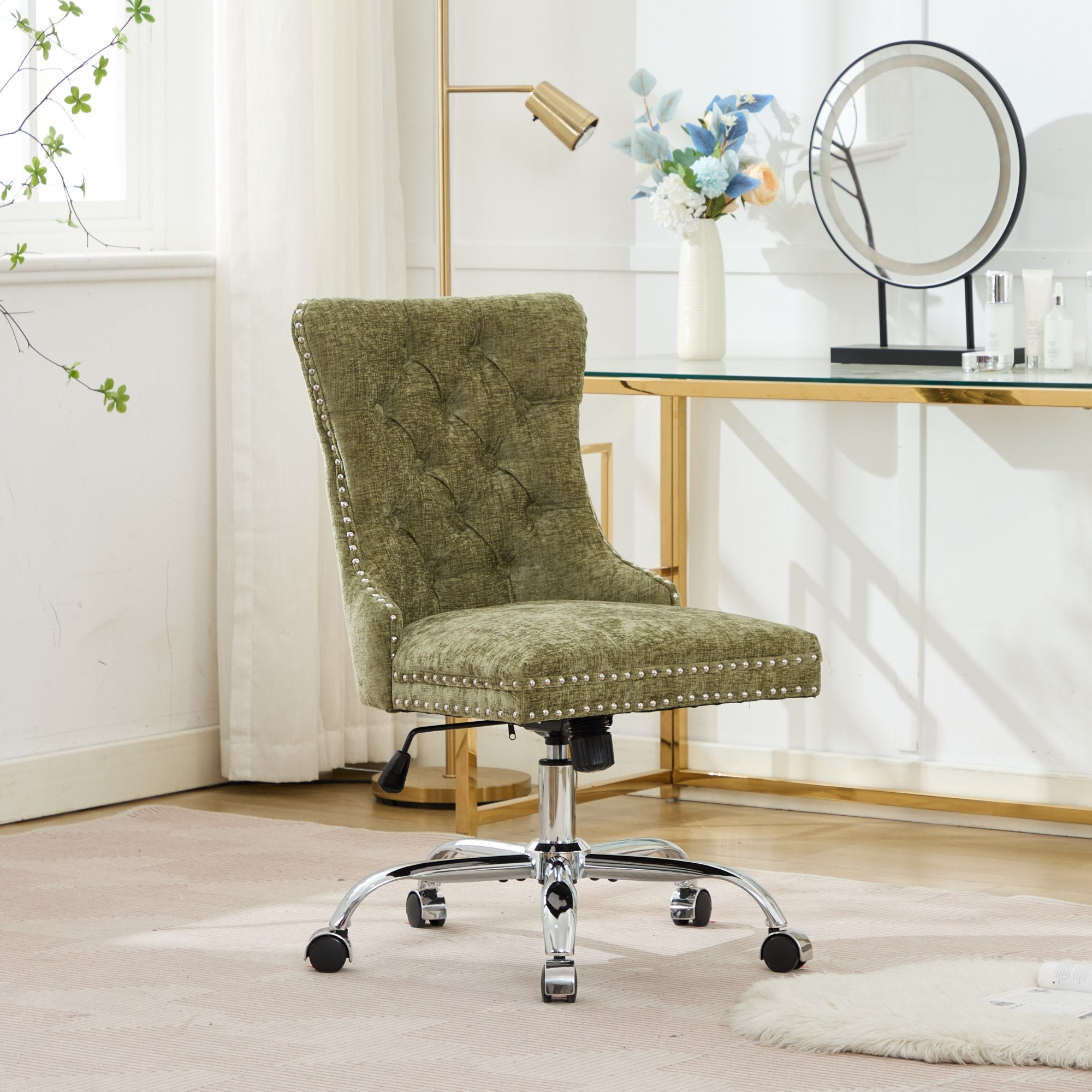 Fauteuil de Bureau en Chenille Vert – Capitonné & Base Chromée Réglable
