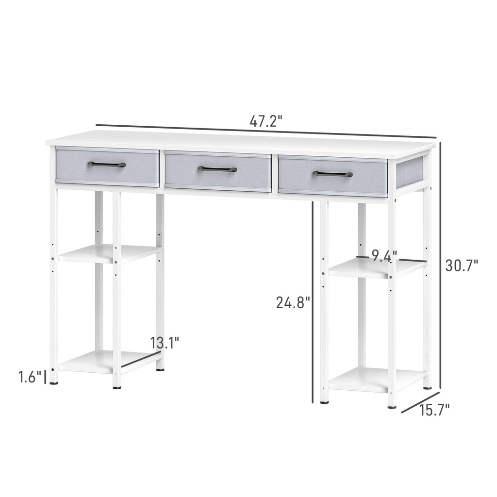 Bureau Compact Blanc 120 cm – Tiroirs Tissu & Étagères Réglables