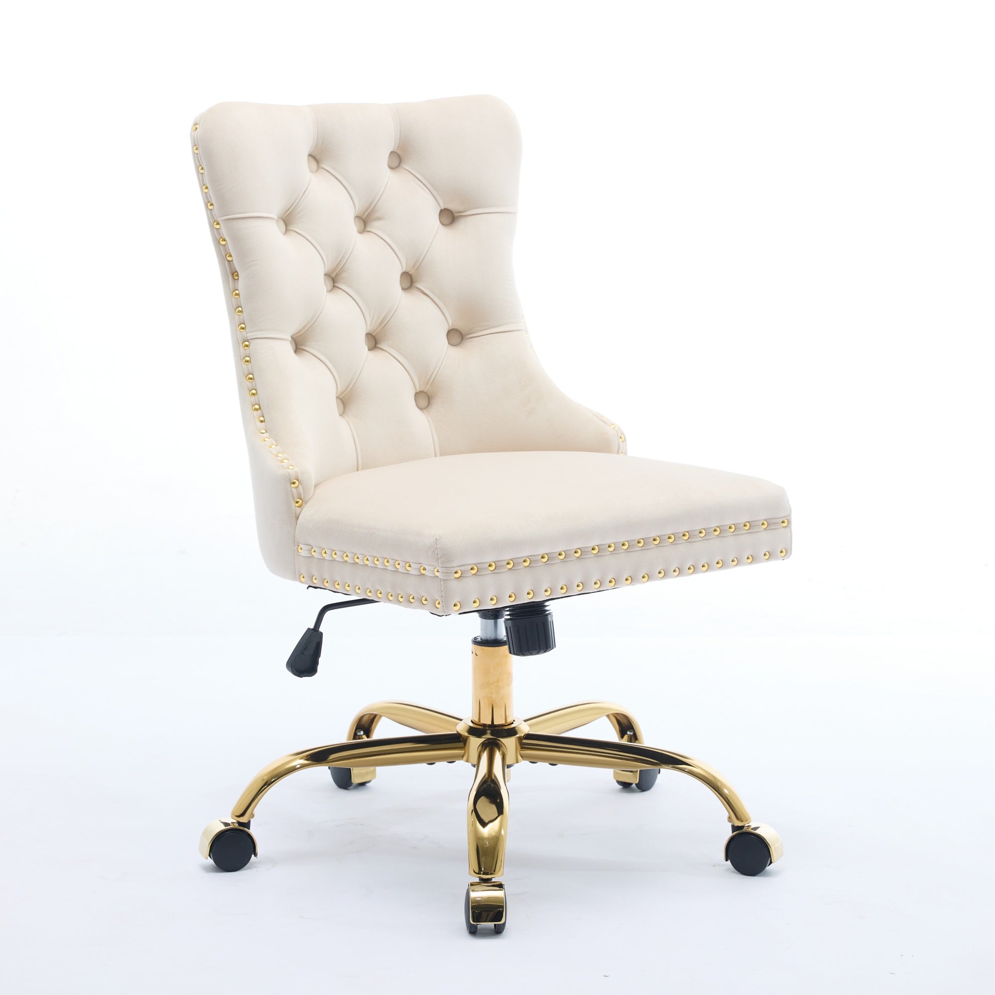 Fauteuil de Bureau en Velours Beige – Design Capitonné & Base Dorée