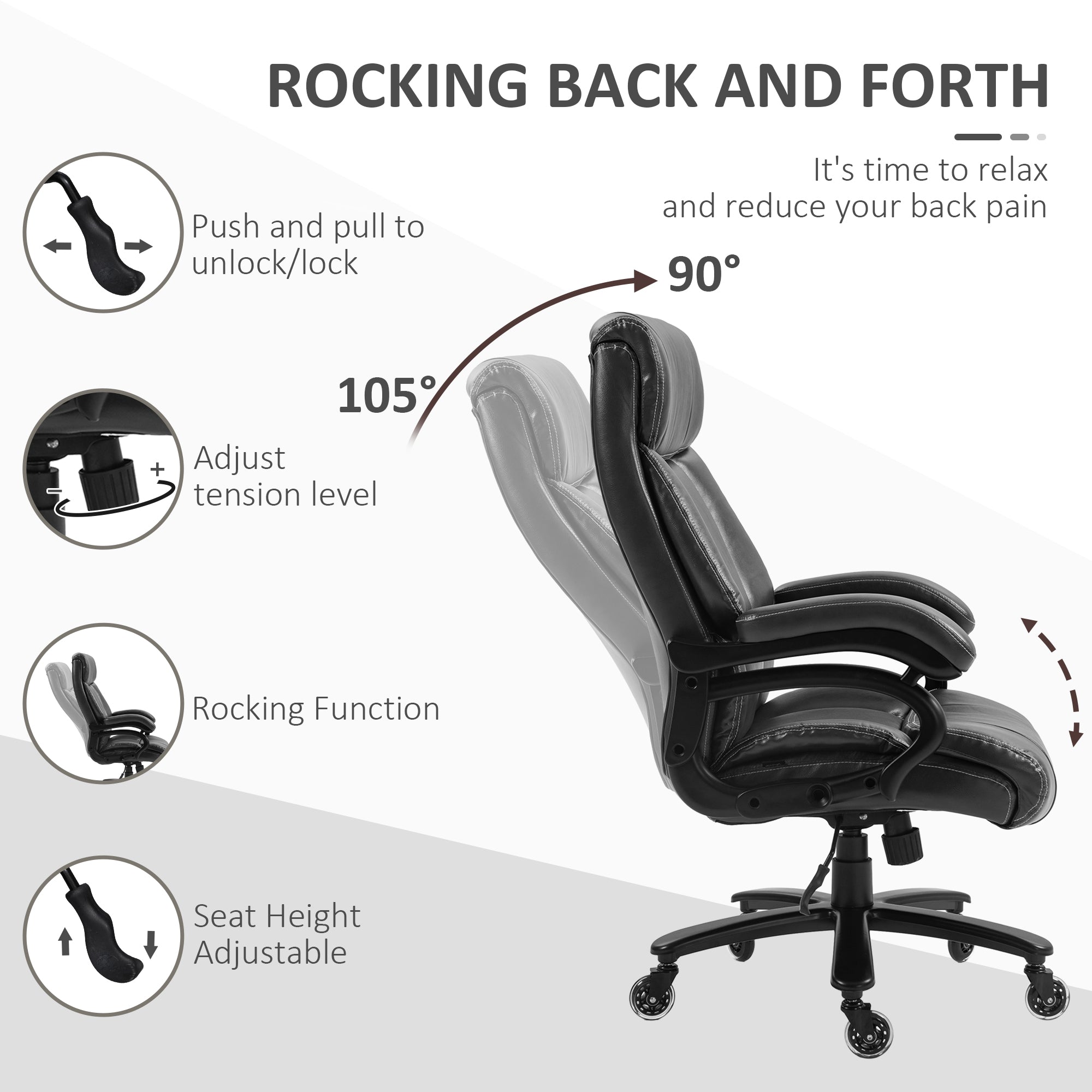 Chaise de Bureau Grande Taille Ergonomique en Similicuir Noir – Assise Large, Soutien Lombaire Renforcé, Jusqu’à 181 kg | DeskHarmony