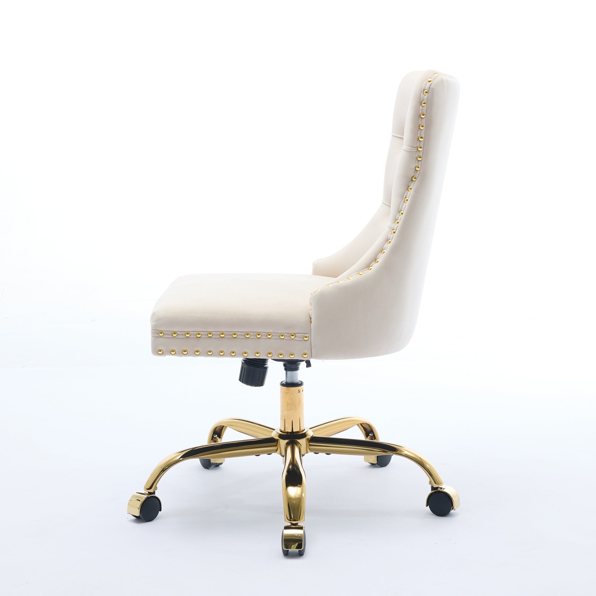 Fauteuil de Bureau en Velours Beige – Design Capitonné & Base Dorée