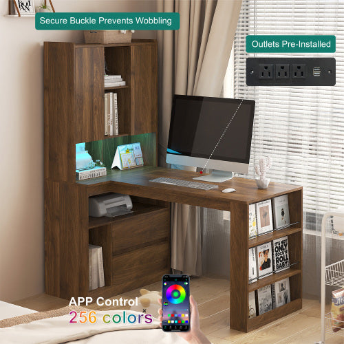 Bureau d’Angle en L avec Rangements, Bibliothèque et Éclairage LED – Bureau Moderne pour Télétravail